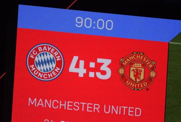 20.09.2023, xemx, Fussball UEFA Champions League, FC Bayern Muenchen - Manchester United, ManU emspor, v.l. Anzeigetafel Spielende 4:3 (DFL DFB REGULATIONS PROHIBIT ANY USE OF PHOTOGRAPHS as IMAGE SEQUENCES and or QUASI-VIDEO) Muenchen