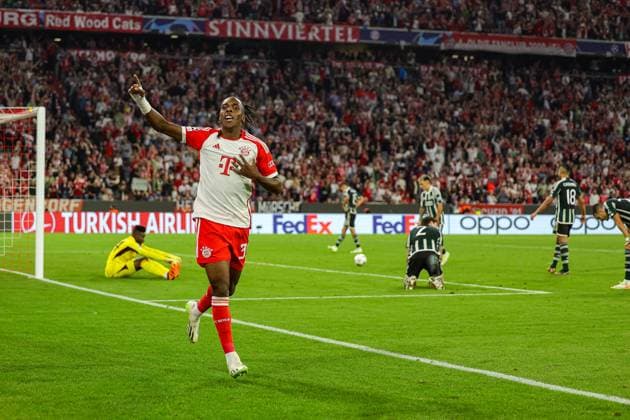 Bayern Munich v Manchester United, ManU Champions League 20 09 2023. Goal 4-2 Mathys Tel (39) of Bayern Munich scores a goal and celebrates during the Champions League match between Bayern Munich and Manchester United at Allianz Arena, Munich, Germany on 20 September 2023. Editorial use only , Copyright: xNigelxKeenex PSI-18044-0059