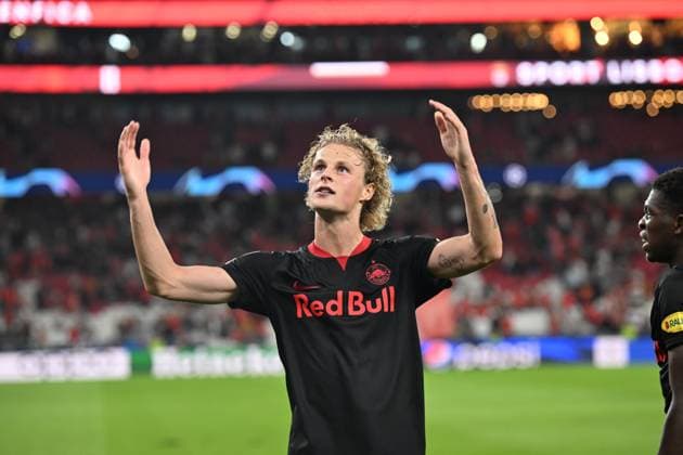 SOCCER - UEFA CL, Benfica vs RBS LISBON,PORTUGAL,20.SEP.23 - SOCCER - UEFA Champions League, group stage, SL Benfica vs Red Bull Salzburg. Image shows the rejoicing of Maurits Kjaergaard (RBS).  GEPAxpictures xZedxJameson