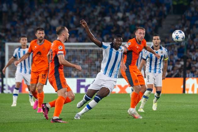 Real Sociedad vs Inter: Group D - UEFA Champions League Umar Sadiq of Real Sociedad in action during the UEFA Champions League match between Real Sociedad and Inter at Reale Arena. Donostia (Basque Country). September 20, 2023. (Gari Garaialde Bostok Photo) Donostia Gipuzkoa Spain Editorial Use Only  Copyright: xGarikoitzxGaraialdex Bostok Photo GarixGaraialdex GG2309200564