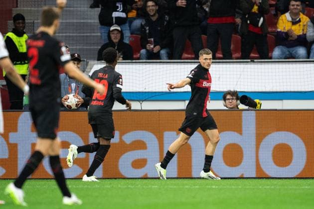 230921 Florian Wirtz of Bayer Leverkusen celebrates after 1-0 during the UEFA Europa League football match between Bayer Leverkusen and Häcken on September 21, 2023 in Leverkusen. Photo: Daniel Stiller BILDBYRAN kod DS DS0334 fotboll football soccer fotball uefa europa league bayer leverkusen häcken bbeng jubel Copyright: DANIELxSTILLER BB230921DS017