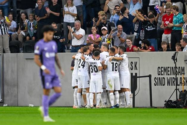SOCCER - UEFA EL, LASK vs Liverpool LINZ,AUSTRIA,21.SEP.23 - SOCCER - UEFA Europa League, group stage, Linzer ASK vs Liverpool FC. Image shows the rejoicing of LASK.  GEPAxpictures xDanielxSchoenherr