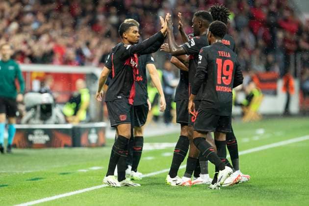 UEFA Europa League, Bayer Leverkusen - BK Haecken, 21.09.2023 Jubel nach dem Tor durch Amine ADLI (Bayer 04 Leverkusen, 21)., UEFA Europa League, Bayer 04 Leverkusen - BK Haecken, 1. Gruppenspiel, am 21.09.2023, BayArena, Leverkusen DFL regulations prohibit any use of photographs as image sequences and or quasi-video Copyright: xBEAUTIFULxSPORTS Meuselx