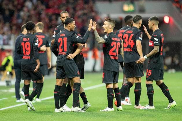 UEFA Europa League, Bayer Leverkusen - BK Haecken, 21.09.2023 Jubel nach dem Tor durch Amine ADLI (Bayer 04 Leverkusen, 21)., UEFA Europa League, Bayer 04 Leverkusen - BK Haecken, 1. Gruppenspiel, am 21.09.2023, BayArena, Leverkusen DFL regulations prohibit any use of photographs as image sequences and or quasi-video Copyright: xBEAUTIFULxSPORTS Meuselx