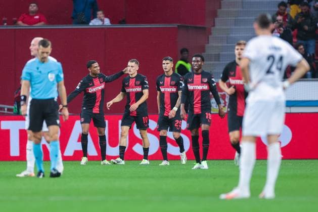 21.09.2023, Fussball, Saison 2023 2024, UEFA Europa League, Gruppenphase, 1. Spieltag, Bayer 04 Leverkusen - BK Häcken, Die Spieler von Bayer Leverkusen bejubeln das Tor zum 1:0 durch Florian Wirtz (Bayer 04 Leverkusen), Leverkusen BayArena NRW Deutschland xRHR-FOTO DEx Copyright: TeresaxKröger RHR-FOTOx RHR-FOTO DE