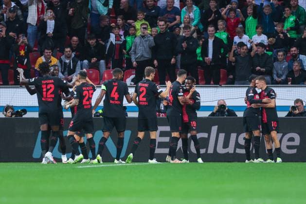 21.09.2023, Fussball, Saison 2023 2024, UEFA Europa League, Gruppenphase, 1. Spieltag, Bayer 04 Leverkusen - BK Häcken, Die Spieler von Bayer Leverkusen bejubeln das Tor zum 1:0 durch Florian Wirtz (Bayer 04 Leverkusen), Leverkusen BayArena NRW Deutschland xRHR-FOTO DEx Copyright: TeresaxKröger RHR-FOTOx RHR-FOTO DE