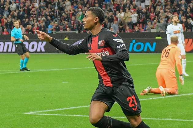 Amine Adli ( 21, Bayer Leverkusen) jubelt nach dem Tor zum 2:0 21.09.2023 Fussball Europa League, Bayer 04 Leverkusen vs BK Häcken Haecken, BayArena, Leverkusen, NRW Germany