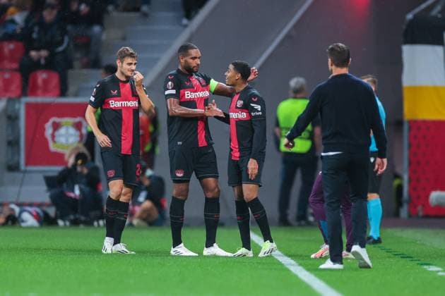21.09.2023, Fussball, Saison 2023 2024, UEFA Europa League, Gruppenphase, 1. Spieltag, Bayer 04 Leverkusen - BK Häcken, v. l. Josip Stanisic (Bayer 04 Leverkusen) , Jonathan Tah (Bayer 04 Leverkusen), Amine Adli (Bayer 04 Leverkusen) bejubeln das Tor zum 2:0, Leverkusen BayArena NRW Deutschland xRHR-FOTO DEx Copyright: DennisxEwert RHR-FOTOx RHR-FOTO DE