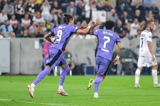 SOCCER - UEFA EL, LASK vs Liverpool LINZ,AUSTRIA,21.SEP.23 - SOCCER - UEFA Europa League, group stage, Linzer ASK vs Liverpool FC. Image shows the rejoicing of Darwin Nunez and Luis Diaz (Liverpool).  GEPAxpictures xChristianxMoser