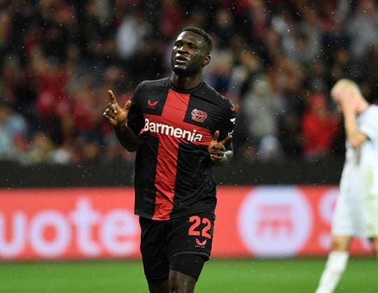 21.09.2023, Leverkusen, Germany, BayARENA, Bayer Leverkusen vs BK Haecken - UEFA Europa League 2023 2024 - Group H, Victor Boniface (Bayer 04 Leverkusen) Torjubel, jubelt nach seinem Treffer zum 3:0 (Foto Ralf Treese) Leverkusen BayARENA North Rhine-Westphalia Germany