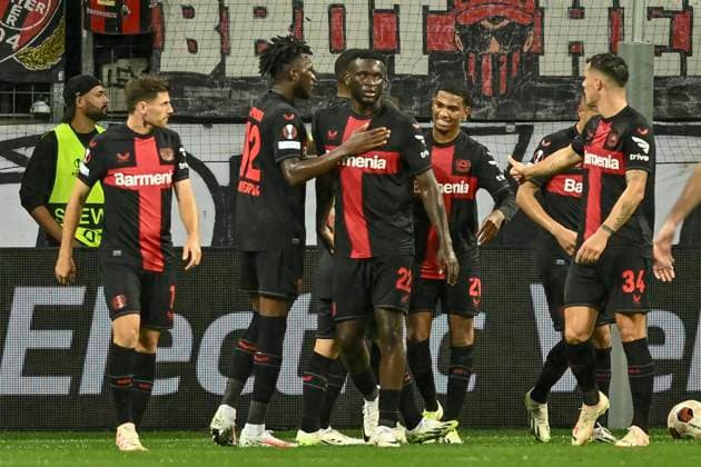 Victor Boniface ( 22, Bayer Leverkusen) erzielt das Tor zum 3:0 und jubelt mit der Mannschaft 21.09.2023 Fussball Europa League, Bayer 04 Leverkusen vs BK Häcken Haecken, BayArena, Leverkusen, NRW Germany