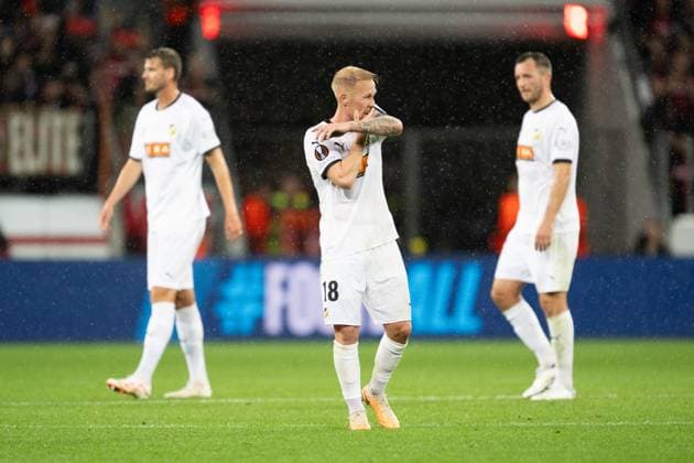 230921 Mikkel Rygaard Jensen of Häcken looks depressed after the UEFA Europa League football match between Bayer Leverkusen and Häcken on September 21, 2023 in Leverkusen. Photo: Daniel Stiller BILDBYRAN kod DS DS0334 fotboll football soccer fotball uefa europa league bayer leverkusen häcken bbeng depp Copyright: DANIELxSTILLER BB230921DS026