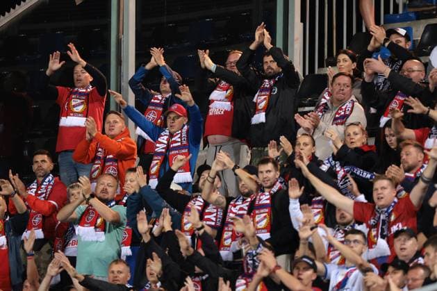 Bergamo, Italy, 21st September 2023. Krakow fans cheer on their team during the UEFA Champions League match at Stadio Di Bergamo, Bergamo. Picture credit should read: Jonathan Moscrop Sportimage EDITORIAL USE ONLY. No use with unauthorised audio, video, data, fixture lists, club league logos or live services. Online in-match use limited to 120 images, no video emulation. No use in betting, games or single club league player publications. SPI-2574-0002