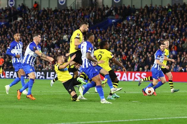 Brighton & HA v AEK Athens 21 September 2023, Brighton - UEFA EUROPA League Football, Group Stage - Brighton & Hove Albion v AEK Athens - Mijat Gacinovic of AEK slips as he scores the second goal for his team - Photo by Charlotte Wilson. Brighton UK Copyright: xCharlottexWilsonxOffside