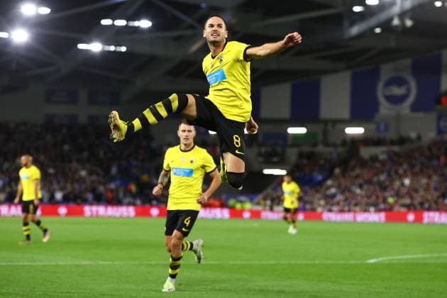 Brighton & HA v AEK Athens 21 September 2023, Brighton - UEFA EUROPA League Football, Group Stage - Brighton & Hove Albion v AEK Athens - Mijat Gacinovic of AEK celebrates his goal (1-2) Photo by Charlotte Wilson. Brighton UK Copyright: xCharlottexWilsonxOffside