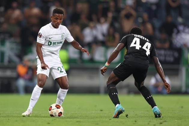 SOCCER - UEFA EL, Sturm vs Sporting GRAZ,AUSTRIA,21.SEP.23 - SOCCER - UEFA Europa League, group stage, SK Sturm Graz vs Sporting CP. Image shows Geny Catamo (Sporting Lissabon) and Amadou Dante (Sturm).  GEPAxpictures xChrisxBauer