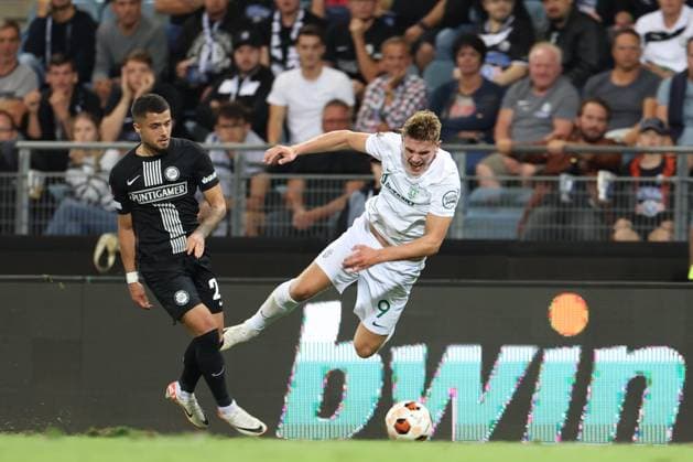 SOCCER - UEFA EL, Sturm vs Sporting GRAZ,AUSTRIA,21.SEP.23 - SOCCER - UEFA Europa League, group stage, SK Sturm Graz vs Sporting CP. Image shows Jusuf Gazibegovic (Sturm) and Viktor Gyoekeres (Sporting Lissabon).  GEPAxpictures xChrisxBauer