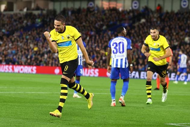 Brighton & HA v AEK Athens 21 September 2023, Brighton - UEFA EUROPA League Football, Group Stage - Brighton & Hove Albion v AEK Athens - Mijat Gacinovic celebrates after scoring the second goal for AEK - Photo by Charlotte Wilson. Brighton UK Copyright: xCharlottexWilsonxOffside