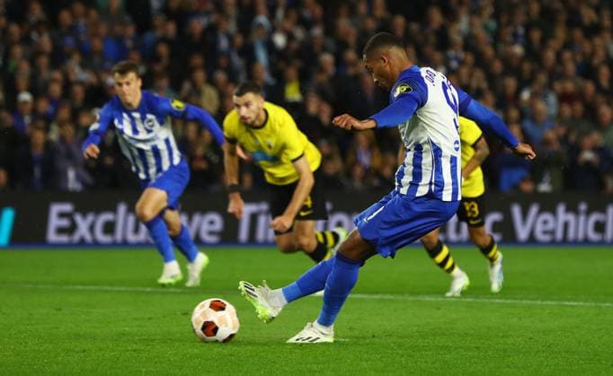 Brighton and Hove Albion v AEK Athens, Brighton, UK - 21 Sep 2023 Joao Pedro of Brighton and Hove Albion scores from a penalty during the Europa League match between Brighton and Hove Albion and AEK Athens at The Amex Stadium, Brighton on 21 September 2023 ( Brighton The Amex Stadium Sussex England Copyright: xMicahxCrook PPAUKx PPA-054552