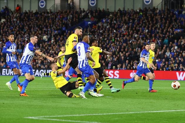 Brighton & HA v AEK Athens 21 September 2023, Brighton - UEFA EUROPA League Football, Group Stage - Brighton & Hove Albion v AEK Athens - Mijat Gacinovic slips as he scores the second goal for AEK. Photo by Charlotte Wilson. Brighton UK Copyright: xCharlottexWilsonxOffside