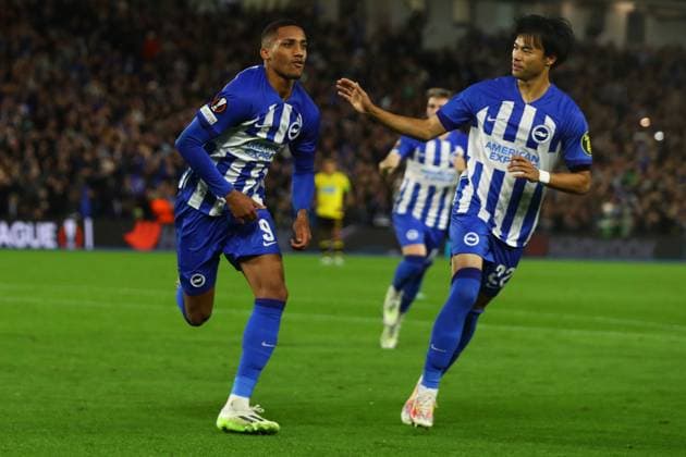 Brighton and Hove Albion v AEK Athens, Brighton, UK - 21 Sep 2023 Goal celebrations for Joao Pedro of Brighton and Hove Albion during the Europa League match between Brighton and Hove Albion and AEK Athens at The Amex Stadium, Brighton on 21 September 2023 ( Brighton The Amex Stadium Sussex England Copyright: xMicahxCrook PPAUKx PPA-054556