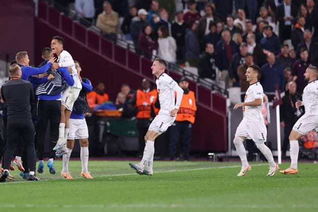 West Ham United v FK TSC Backa Topola 21 September 2023, London - UEFA Europa League Football - West Ham United v FK TSC Backa Topola - Petar Stanic of Backa Topola celebrates after scoring the opening goal of the match - Photo: Jacques Feeney Offside. London UK Copyright: xJacquesxFeeneyxOffside