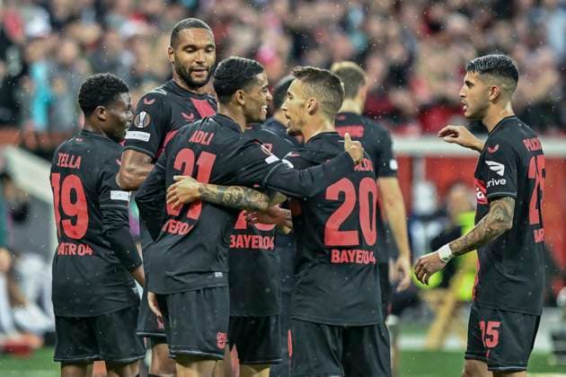 Amine Adli ( 21, Bayer Leverkusen) jubelt nach dem Tor zum 2:0 mit der Mannschaft 21.09.2023 Fussball Europa League, Bayer 04 Leverkusen vs BK Häcken Haecken, BayArena, Leverkusen, NRW Germany