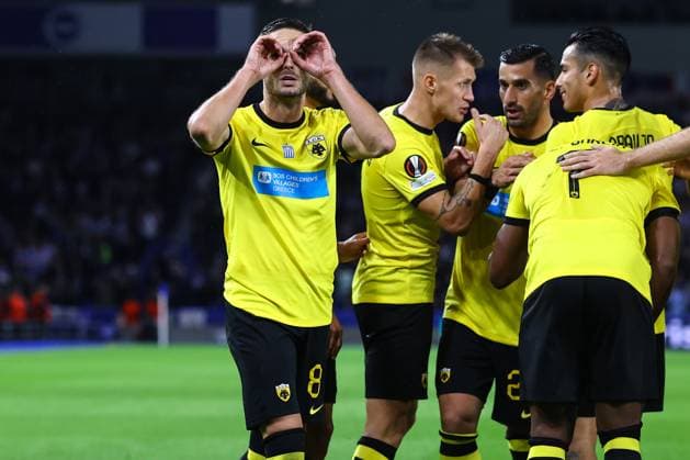Brighton v AEK Athens 21 September 2023, Brighton - UEFA EUROPA League Football, Group Stage - Brighton & Hove Albion v AEK Athens - Mijat Gacinovic of AEK Athens celebrates scoring their 2nd goal - Photo: Charlotte Wilson Offside. Brighton UK Copyright: xCharlottexWilsonx xOffsidexOffside