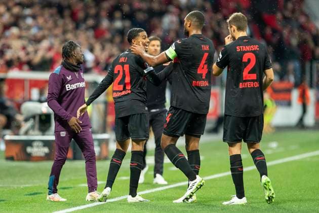 UEFA Europa League, Bayer Leverkusen - BK Haecken, 21.09.2023 Jubel nach dem Tor von Amine ADLI (Bayer 04 Leverkusen, 21), UEFA Europa League, Bayer 04 Leverkusen - BK Haecken, 1. Gruppenspiel, am 21.09.2023, BayArena, Leverkusen DFL regulations prohibit any use of photographs as image sequences and or quasi-video Copyright: xBEAUTIFULxSPORTS Meuselx