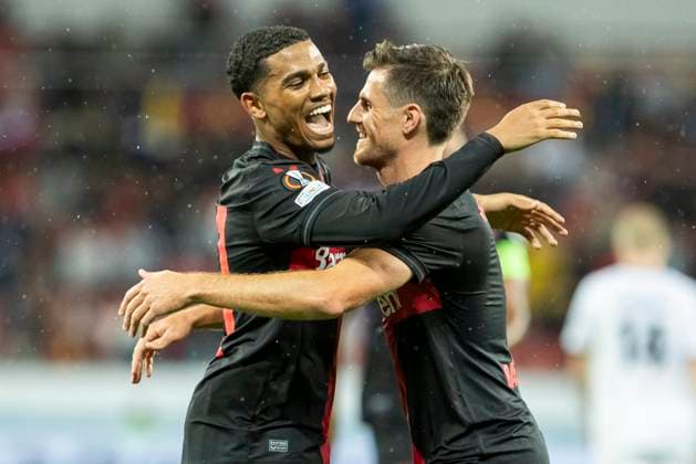 UEFA Europa League, Bayer Leverkusen - BK Haecken, 21.09.2023 Amine ADLI (Bayer 04 Leverkusen, 21) und Jonas HOFMANN (Bayer 04 Leverkusen, 7) jubeln nach dem Tor, UEFA Europa League, Bayer 04 Leverkusen - BK Haecken, 1. Gruppenspiel, am 21.09.2023, BayArena, Leverkusen DFL regulations prohibit any use of photographs as image sequences and or quasi-video Copyright: xBEAUTIFULxSPORTS Meuselx