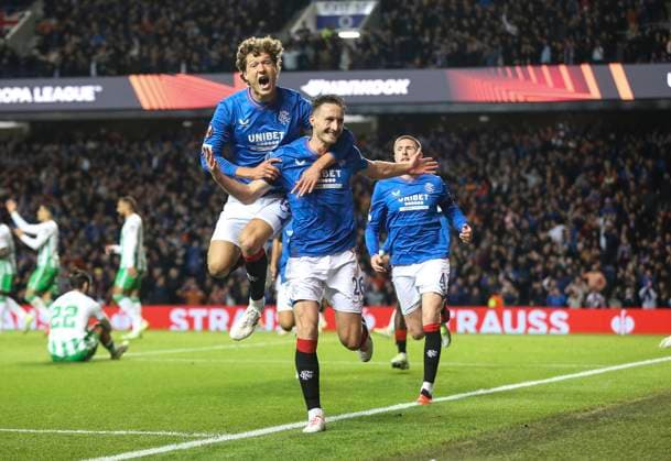 Football - 2023 2024 UEFA Europa League - Group C - Glasgow Rangers vs Real Betis - Ibrox Stadium - Thursday 21st September 2023 Sam Lammers of Rangers and Ben Davies of Rangers celebrate after Abdallah Sima of Rangers scores to make it 1-0 