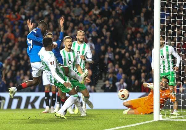 Football - 2023 2024 UEFA Europa League - Group C - Glasgow Rangers vs Real Betis - Ibrox Stadium - Thursday 21st September 2023 Abdallah Sima of Rangers scores to make it 1-0 