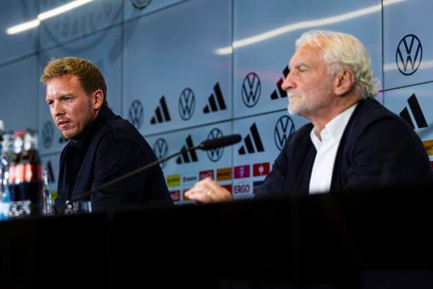 Handout-Bildmaterial ausschließlich zur redaktionellen Verwendung. !!! DFB, Deutscher Fussball-Bund, Maenner-Nationalmannschaft , Men˜s national team, Nationalteam Deutschland, Germany, DFB-Campus, Pressekonferenz mit Bundestrainer Julian Nagelsmann, Bernd Neuendorf (DFB-Praesident), Rudi Voeller (DFB-Direktor Maenner-Nationalmannschaft), Frankfurt am Main, 22.09.2023,