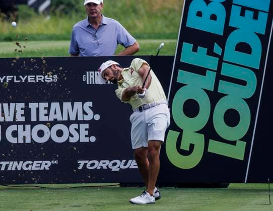 Abraham Ancer of Mexico hits his tee shot on the fifteenth hole during the first round of the 2023 LIV Golf League tournament at Rich Harvest Farms in Sugar Grove, Illinois, on Friday September 22, 2023. Tournament play runs from September 22nd through the 24th.  SGI20230922802 TANNENxMAURY