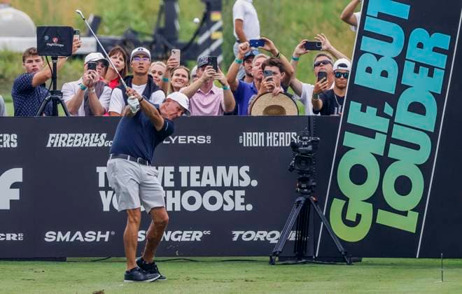 Phil Mickelson of the US hits his tee shot on the fifteenth hole during the first round of the 2023 LIV Golf League tournament at Rich Harvest Farms in Sugar Grove, Illinois, on Friday September 22, 2023. Tournament play runs from September 22nd through the 24th.  SGI20230922810 TANNENxMAURY