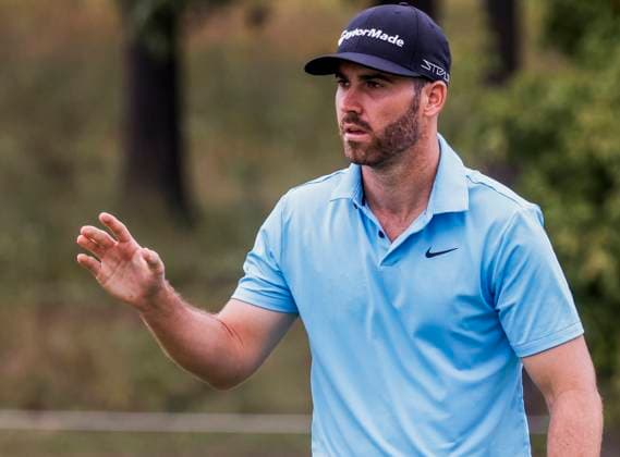 Matthew Wolff of the US reacts after sinking his putt on the fifteenth green during the first round of the 2023 LIV Golf League tournament at Rich Harvest Farms in Sugar Grove, Illinois, on Friday September 22, 2023. Tournament play runs from September 22nd through the 24th.  SGI20230922822 TANNENxMAURY