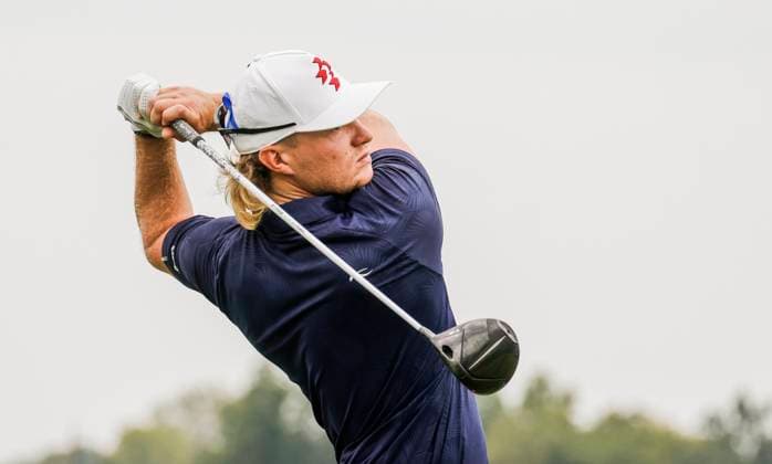 Jediah Morgan of Australia hits his tee shot on the sixteenth hole during the first round of the 2023 LIV Golf League tournament at Rich Harvest Farms in Sugar Grove, Illinois, on Friday September 22, 2023. Tournament play runs from September 22nd through the 24th.  SGI20230922826 TANNENxMAURY