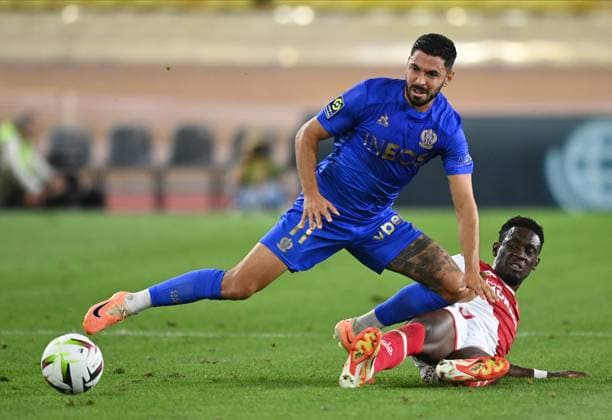 AS Monaco v OGC Nice - Ligue 1 Uber Eats Folarin Balogun of AS Monaco tackles Morgan Sanson of OGC Nice during the Ligue 1 Uber Eats match between AS Monaco and OGC Nice at Stade Louis II on September 22, 2023 in Monaco, Monaco. Monaco Stade Louis II Monaco Monaco Copyright: xNealxSimpson Sportsphoto APLx 13954958