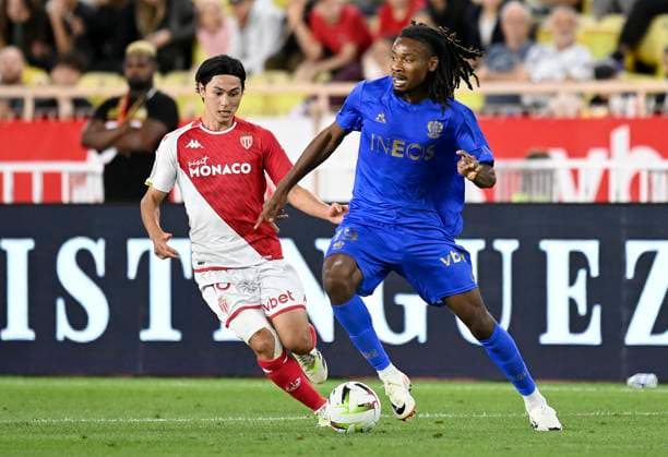 AS Monaco v OGC Nice - Ligue 1 Uber Eats Takumi Minamino of AS Monaco and Khephren Thuram of OGC Nice in action during the Ligue 1 Uber Eats match between AS Monaco and OGC Nice at Stade Louis II on September 22, 2023 in Monaco, Monaco. Monaco Stade Louis II Monaco Monaco Copyright: xNealxSimpson Sportsphoto APLx 13954960