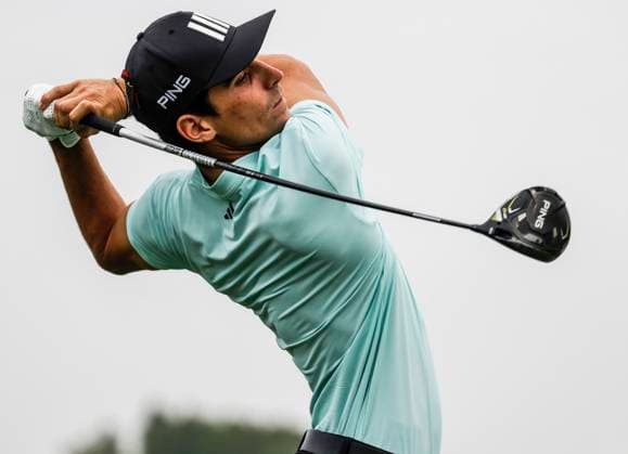 Joaquin Niemann of Chile hits his tee shot on the sixteenth hole during the first round of the 2023 LIV Golf League tournament at Rich Harvest Farms in Sugar Grove, Illinois, on Friday September 22, 2023. Tournament play runs from September 22nd through the 24th.  SGI20230922842 TANNENxMAURY