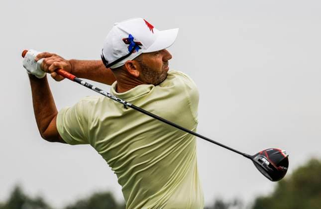 Sergio Garcia of Spain hits his tee shot on the sixteenth hole during the first round of the 2023 LIV Golf League tournament at Rich Harvest Farms in Sugar Grove, Illinois, on Friday September 22, 2023. Tournament play runs from September 22nd through the 24th.  SGI20230922835 TANNENxMAURY