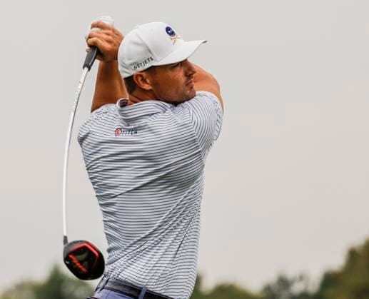 Bryson DeChambeau of the US hits his tee shot on the sixteenth hole during the first round of the 2023 LIV Golf League tournament at Rich Harvest Farms in Sugar Grove, Illinois, on Friday September 22, 2023. Tournament play runs from September 22nd through the 24th.  SGI20230922838 TANNENxMAURY