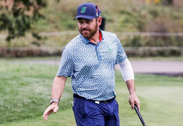 Louis Oosthuizen of South Africa reacts to his putt on the fifteenth green during the first round of the 2023 LIV Golf League tournament at Rich Harvest Farms in Sugar Grove, Illinois, on Friday September 22, 2023. Tournament play runs from September 22nd through the 24th.  SGI20230922840 TANNENxMAURY