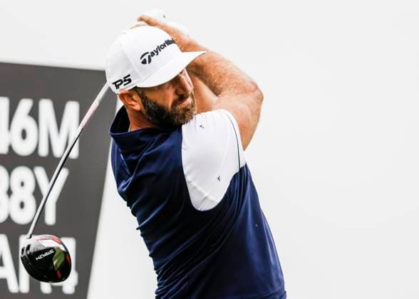 Dustin Johnson of the US hits his tee shot on the sixteenth hole during the first round of the 2023 LIV Golf League tournament at Rich Harvest Farms in Sugar Grove, Illinois, on Friday September 22, 2023. Tournament play runs from September 22nd through the 24th.  SGI20230922843 TANNENxMAURY