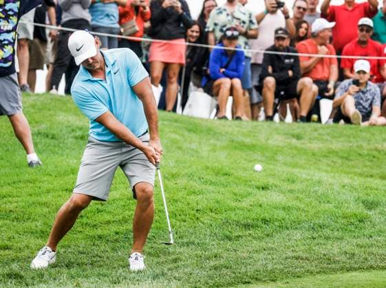 Brooks Koepka of the US chips onto the fifteenth green during the first round of the 2023 LIV Golf League tournament at Rich Harvest Farms in Sugar Grove, Illinois, on Friday September 22, 2023. Tournament play runs from September 22nd through the 24th.  SGI20230922845 TANNENxMAURY
