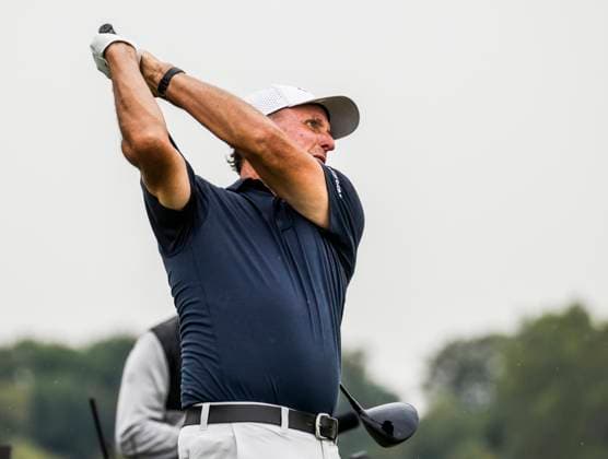Phil Mickelson of the US hits his tee shot on the sixteenth hole during the first round of the 2023 LIV Golf League tournament at Rich Harvest Farms in Sugar Grove, Illinois, on Friday September 22, 2023. Tournament play runs from September 22nd through the 24th.  SGI20230922848 TANNENxMAURY