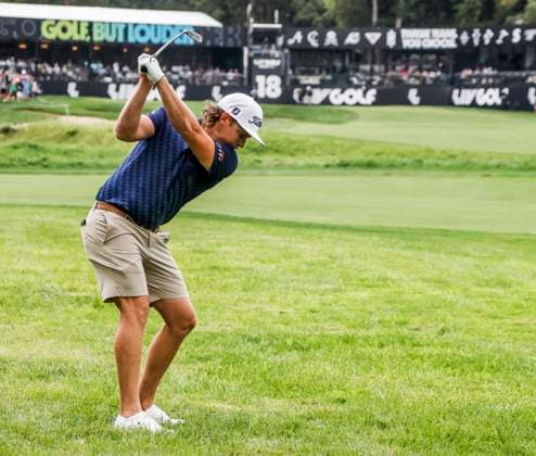 Cam Smith of Australia hits from the rough on the eighteenth hole during the first round of the 2023 LIV Golf League tournament at Rich Harvest Farms in Sugar Grove, Illinois, on Friday September 22, 2023. Tournament play runs from September 22nd through the 24th.  SGI20230922852 TANNENxMAURY