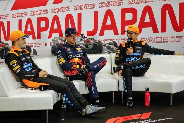 81 Oscar Piastri (AUS, McLaren F1 Team), 1 Max Verstappen (NLD, Oracle Red Bull Racing), 4 Lando Norris (GBR, McLaren F1 Team), F1 Grand Prix of Japan at Suzuka International Racing Course on September 23, 2023 in Suzuka, Japan. (Photo by HOCH ZWEI) Suzuka Japan