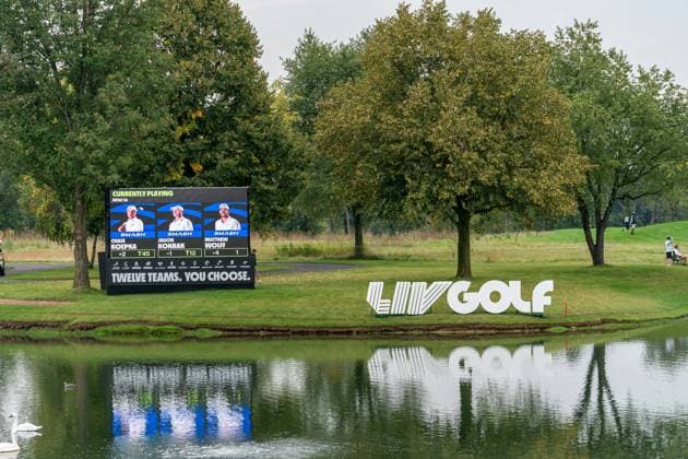 SUGAR GROVE, IL - SEPTEMBER 23: A wide shot of a video board and the LIV Golf logo at hole 16 of Rich Harvest Farms during the Chicago stop of the LIV Golf tournament on September 22, 2023, at Rich Harvest Farms in Sugar Grove, IL (Photo by Ben Hsu Icon Sportswire) GOLF: SEP 23 LIV Golf Chicago EDITORIAL USE ONLY Icon224230922015