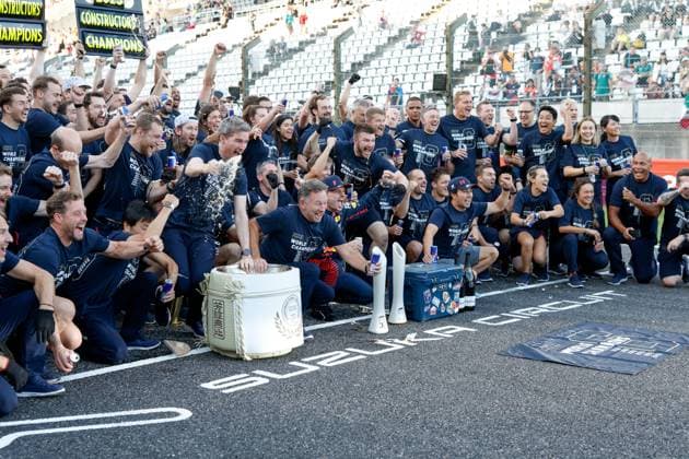 Christian Horner (GBR, Oracle Red Bull Racing), 1 Max Verstappen (NLD, Oracle Red Bull Racing), 11 Sergio Perez (MEX, Oracle Red Bull Racing) and Team of Red Bull Racing celebrates winning the 2023 World Constructors Championship, F1 Grand Prix of Japan at Suzuka International Racing Course on September 24, 2023 in Suzuka, Japan. (Photo by HOCH ZWEI) Suzuka Japan